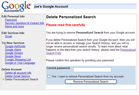 deleting personalized search confirmation